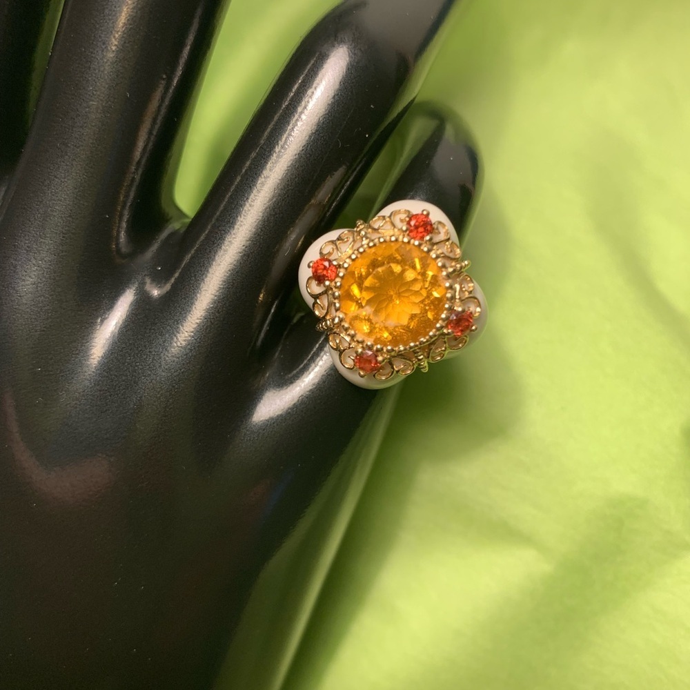 Stamped 14K Yellow Gold China FP Citrine, White Jade and Small Garnet Ring